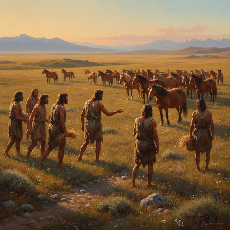 An illustration depicting early humans domesticating wild horses, showcasing the beginning of the story of the horse and human partnership.