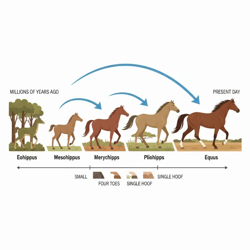 An illustrative diagram showing the evolutionary stages of the horse from the small, multi-toed Eohippus to the modern single-hoofed Equus.