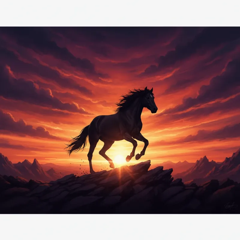 The silhouette of a majestic horse standing on a hill against a vibrant sunset, symbolizing the timeless and epic nature of horse stories passed down through generations.