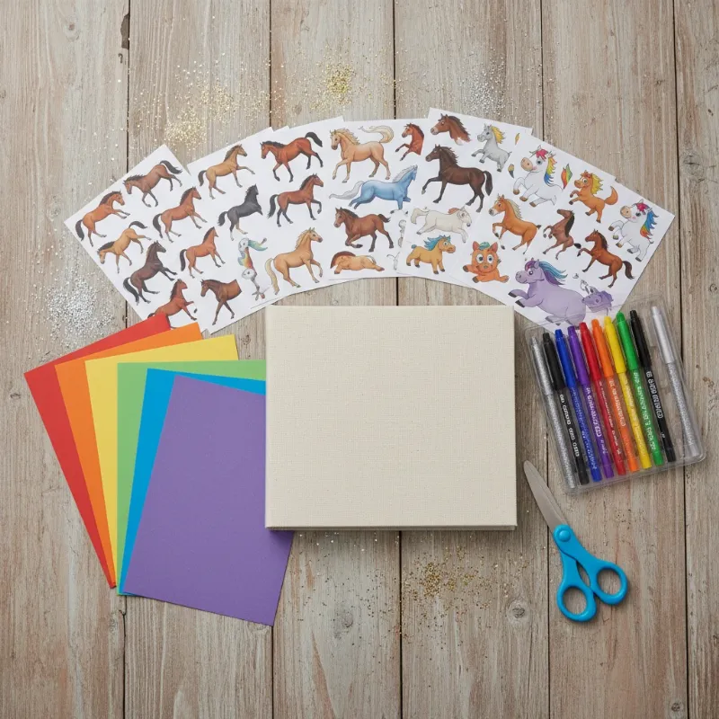 A vibrant flat lay of creative materials for making a horse sticker story, including various horse sticker sheets, colored paper, and markers.