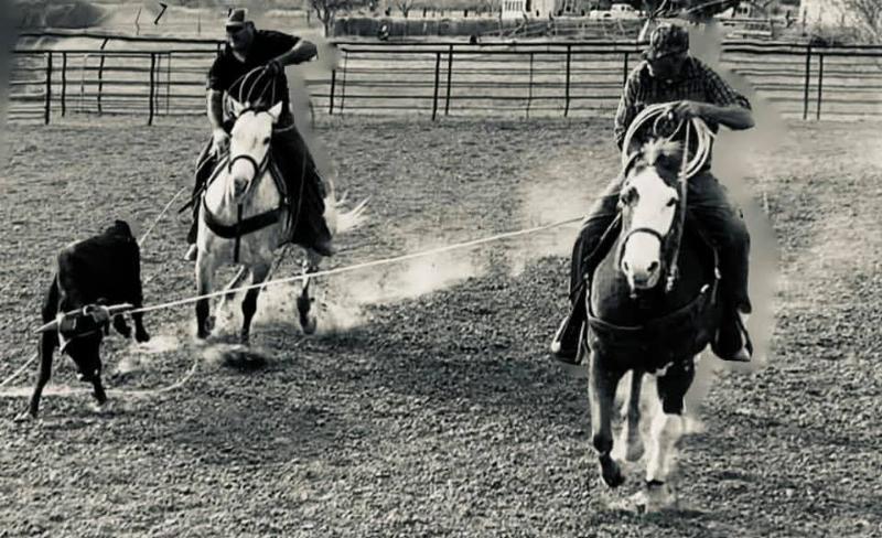 A horse and rider correctly positioned behind a roping dummy being pulled by an ATV, practicing rating speed.