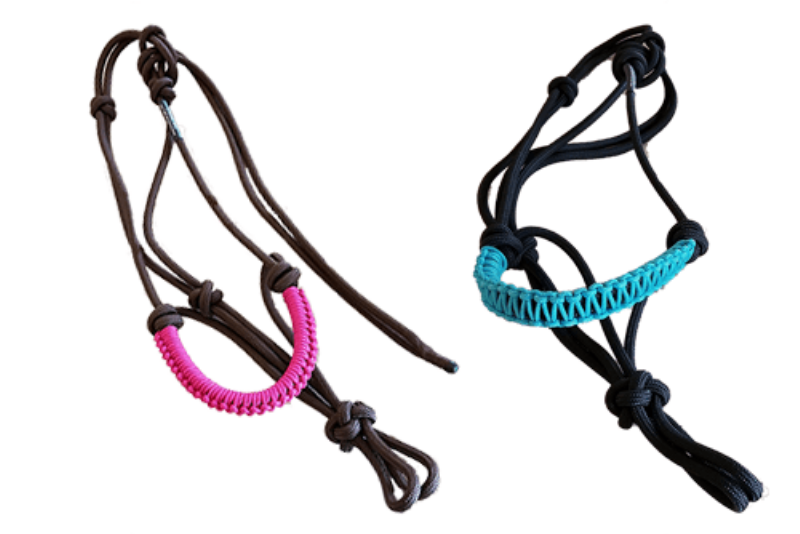 A close-up of a well-fitted rope training halter for horses, showing the specific knots on the noseband.