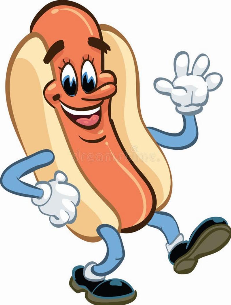 An anthropomorphic hot dog character with a friendly smile, waving enthusiastically, set against a whimsical, colorful background suitable for a children's book illustration.