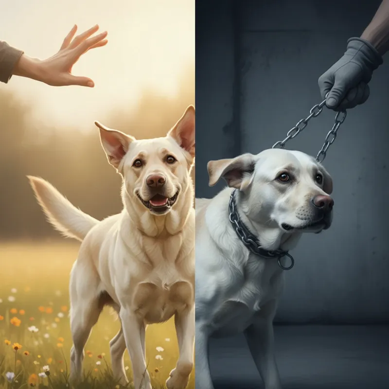 A split-screen image showing the contrast between the best dog training methods and outdated ones, with a happy dog on one side and a scared dog on the other.