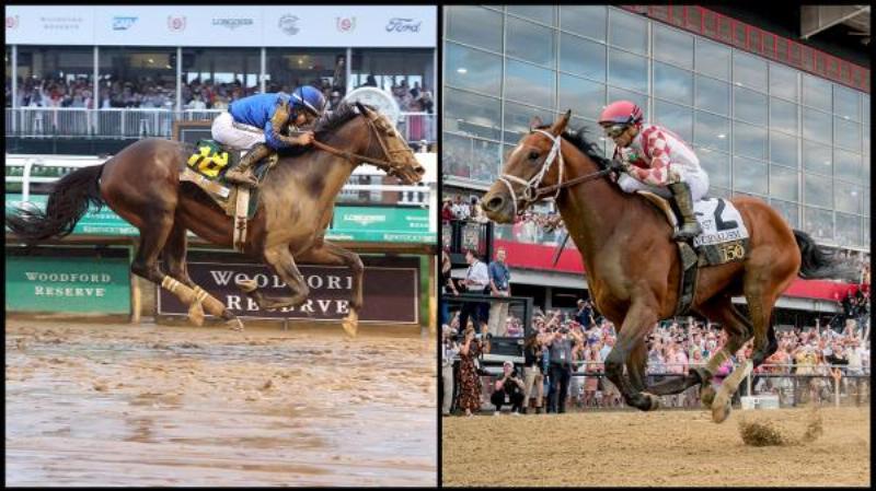 Iconic finish line in horse racing with horses neck and neck, jockeys in colorful silks, capturing the peak of speed and competition