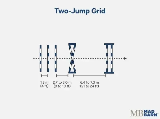 Illustration of a two-jump grid gymnastic exercise for horses