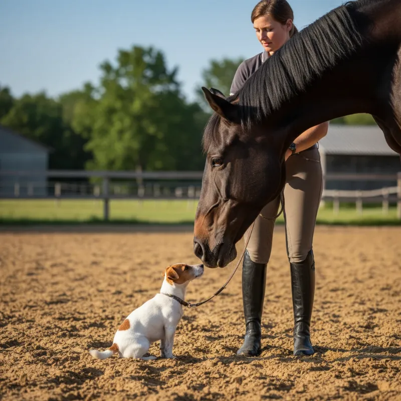 A person holding a calm Jack Russell terrier on a leash while a gentle horse curiously sniffs the dog in a safe, fenced arena, depicting a horse and dog story beginning.