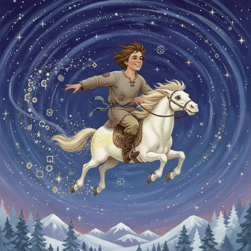 An illustration of Ivan the Fool riding The Little Humpbacked Horse from the famous story.