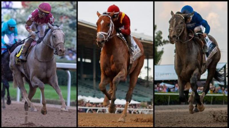 The thrilling finish of the Jeff Ruby Steaks, a key horse racing event in Kentucky, with packed stands in the background.