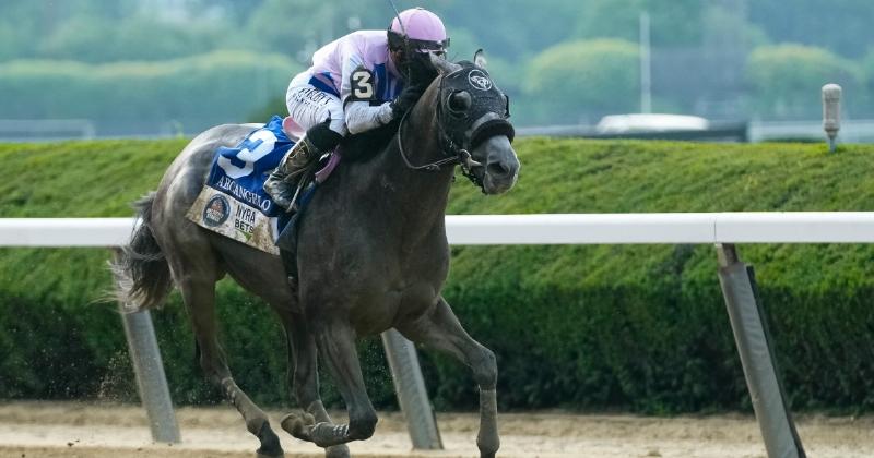 Horse trainer Jena Antonucci joyfully celebrating with the team for Arcangelo after winning the historic Belmont Stakes.