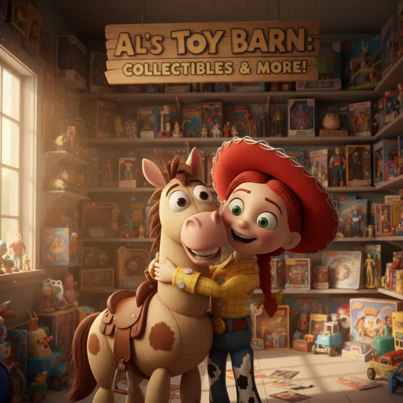 The Toy Story Jessie horse, Bullseye, with a joyful expression, nuzzling Jessie the cowgirl in a scene reminiscent of their reunion.