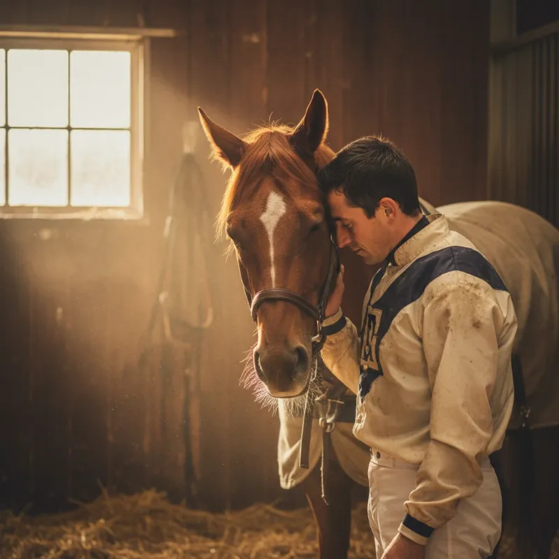 A close-up of a jockey affectionately patting their horse's neck, illustrating the deep bond in a horse race story, set against the backdrop of a quiet stable at dawn.