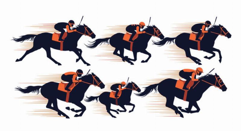 A vibrant and free horse racing clip art image showing a jockey in colorful silks riding a powerful racehorse at full speed.
