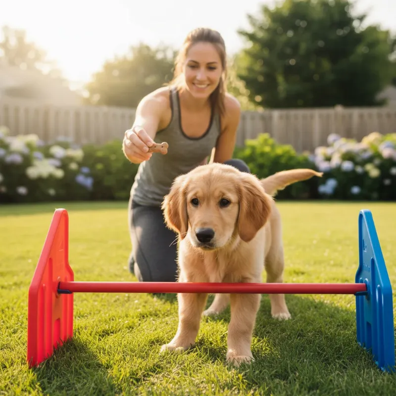Adjustable dog agility jump with a blurred background, showcasing its safety features and suitability for training.