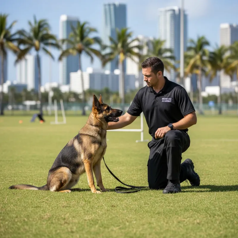 A professional trainer in Miami giving a hand signal to a focused German Shepherd on a training field with the city skyline in the background.