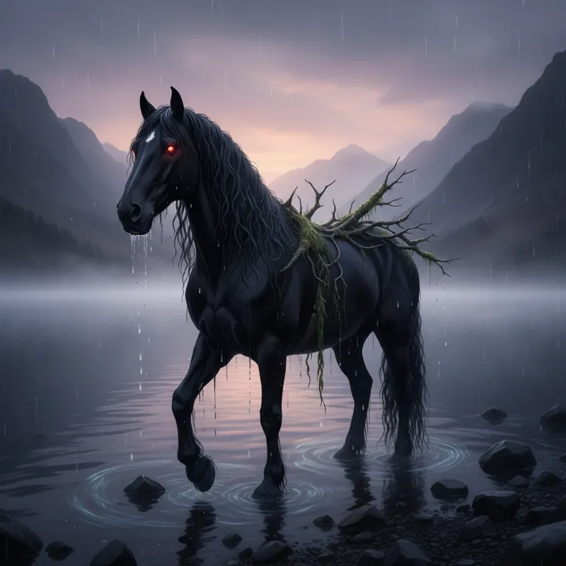 A depiction of a Scottish Kelpie, a mythical water horse from scary horse stories, looking deceptively calm by a loch.