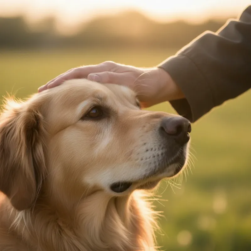 A close-up, heartwarming image of a person's hand resting gently on their service dog's head, symbolizing the deep bond and trust essential for a service dog team in Lansing.