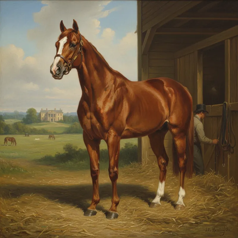 An oil painting of the famous 19th-century thoroughbred racehorse Lexington, capturing his powerful build and distinctive bay coat. The style is classic equine portraiture from the 1850s.