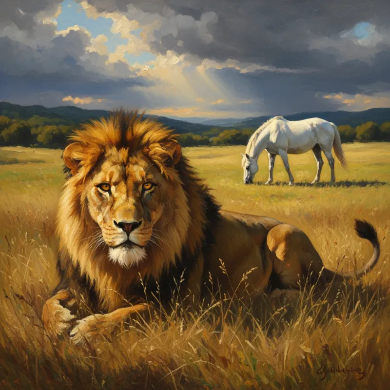 The lion and the horse story depicted with a powerful lion watching a graceful horse from a distance in a golden-hour meadow.