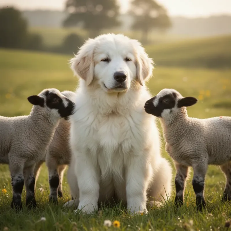 A fluffy white Great Pyrenees puppy sitting calmly in a pasture surrounded by several young lambs, demonstrating how to train livestock guardian dogs from a young age.