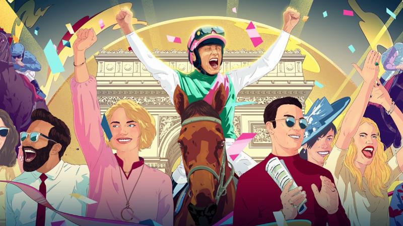 A panoramic view of the Lone Star Park grandstand during a live horse race, with spectators cheering and horses on the track.