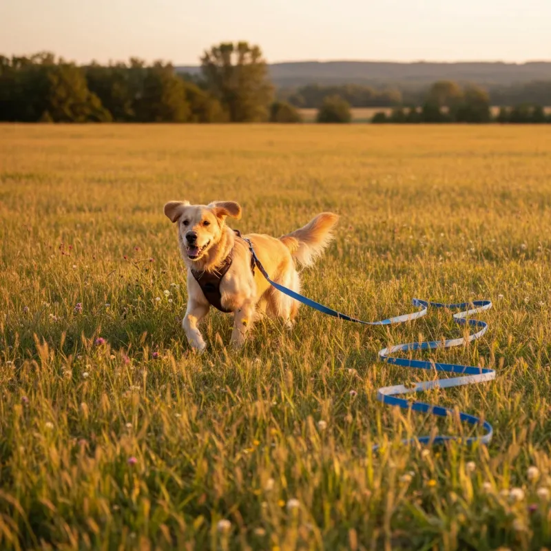 A Golden Retriever in a harness running happily across a green field with a long training lead for dogs trailing behind it, demonstrating freedom and control.
