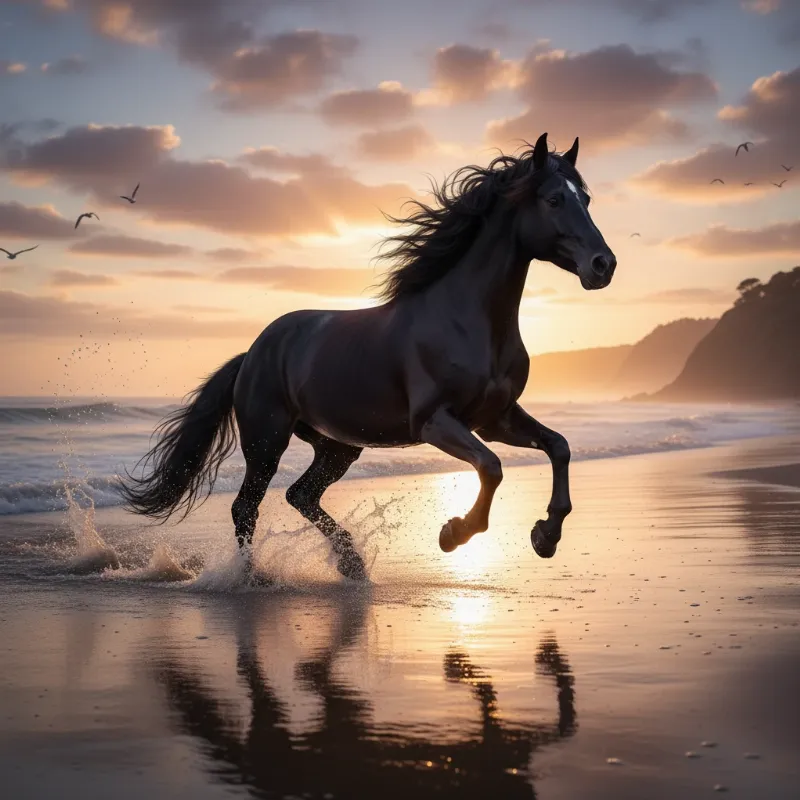 A powerful and artistic photo of a majestic horse galloping along a misty beach at sunrise, symbolizing the freedom inherent in horse & pony stories.