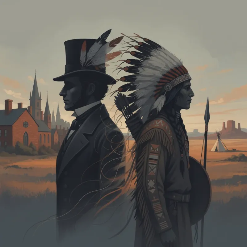 Alt-text: A conceptual image illustrating the a man called horse short story theme, showing a silhouette of a man in 19th-century clothing slowly blending into the shape of a Native American warrior.