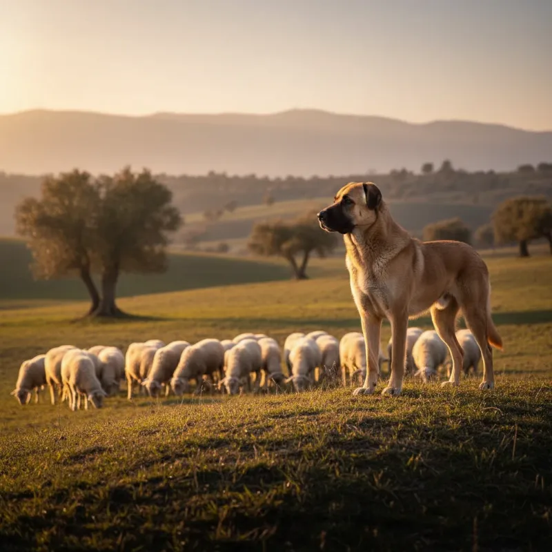 A mature Anatolian Shepherd standing alert on a small hill overlooking a flock of sheep, showcasing a well-trained livestock guardian dog on duty.
