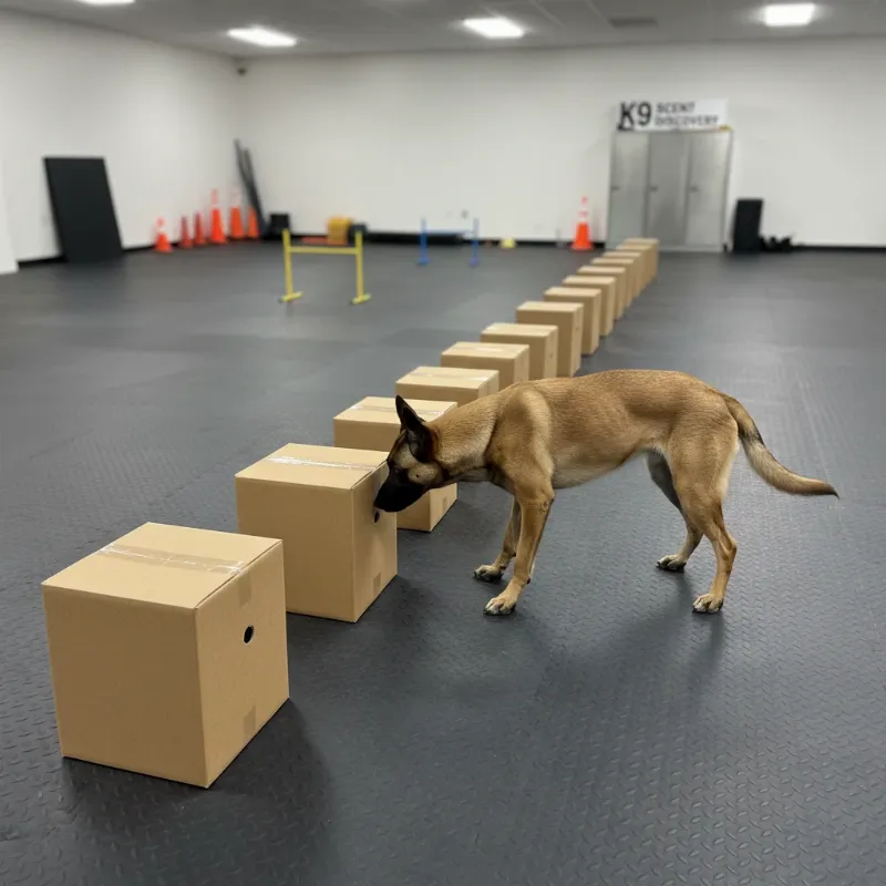 A Belgian Malinois dog intently sniffing a line of containers during a scent work exercise in an indoor K9 training facility.
