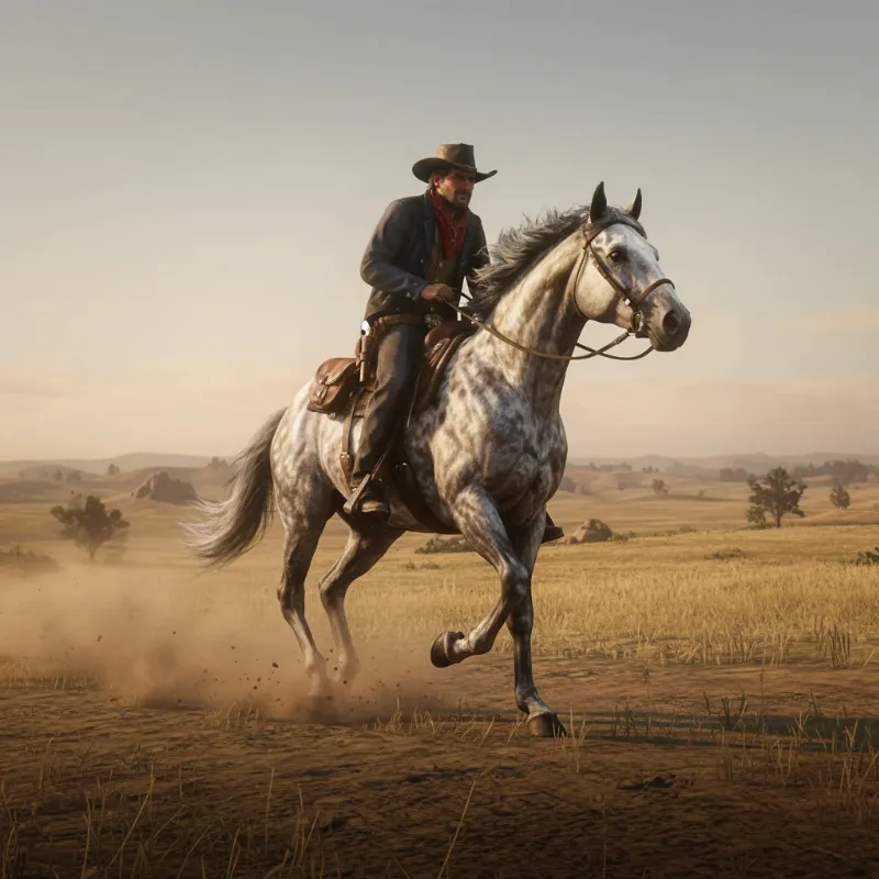 A side-profile view of the beautiful Silver Dapple Pinto Missouri Fox Trotter, what is the fastest horse in rdr2 story mode, galloping across the plains of West Elizabeth.