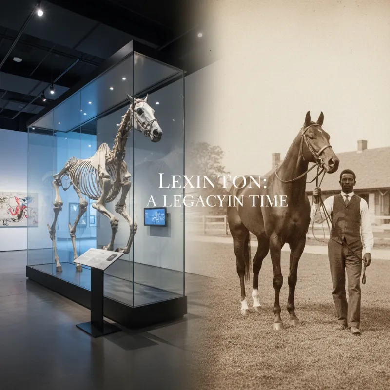 A conceptual image blending a modern museum exhibit of a horse skeleton with a ghostly, historical image of the same horse in its prime, with its groom. The mood is reflective and historical.
