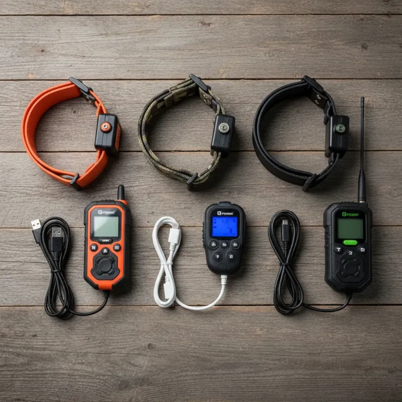 A collection of modern gun dog training collars with remote transmitters, showcasing their sleek design and various button configurations.