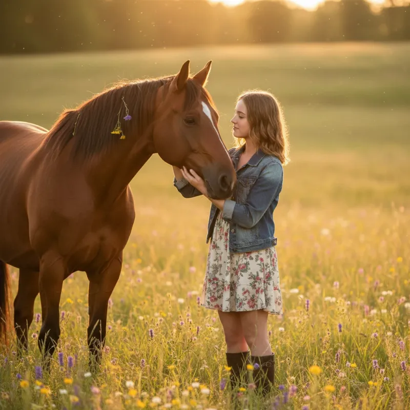 A young girl gently touching the nose of a calm and friendly horse in a sunny, green pasture, symbolizing the modern, emotional bond between humans and horses.
