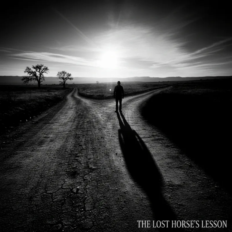 A symbolic photo of a person standing at a crossroads, with their shadow stretching out long in one direction, representing the unseen future and the wisdom of the lost horse story in modern life.