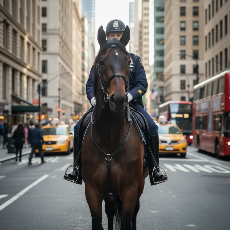 A police horse standing calmly amidst a bustling city street, showcasing its role as a modern-day hero.