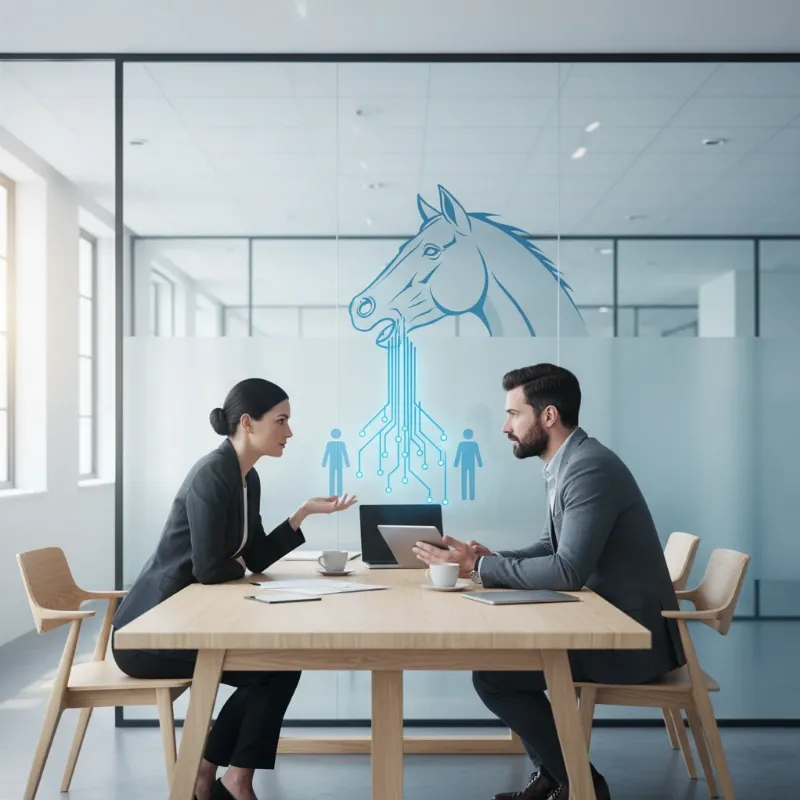 A modern office scene where a person is speaking directly with their manager, avoiding gossip and getting information from the source, symbolizing the horse's mouth idiom.
