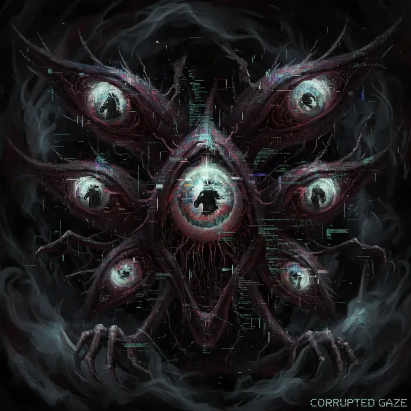 An unsettling, abstract image representing the "mother horse eyes full story pdf" with dark, glitchy visuals.