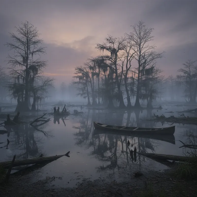 A desolate and foggy swamp scene from The Neverending Story, depicting the murky, oppressive atmosphere of the Swamp of Sadness.