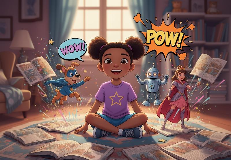 Excited child reading a new Dog Man book, surrounded by characters from the series