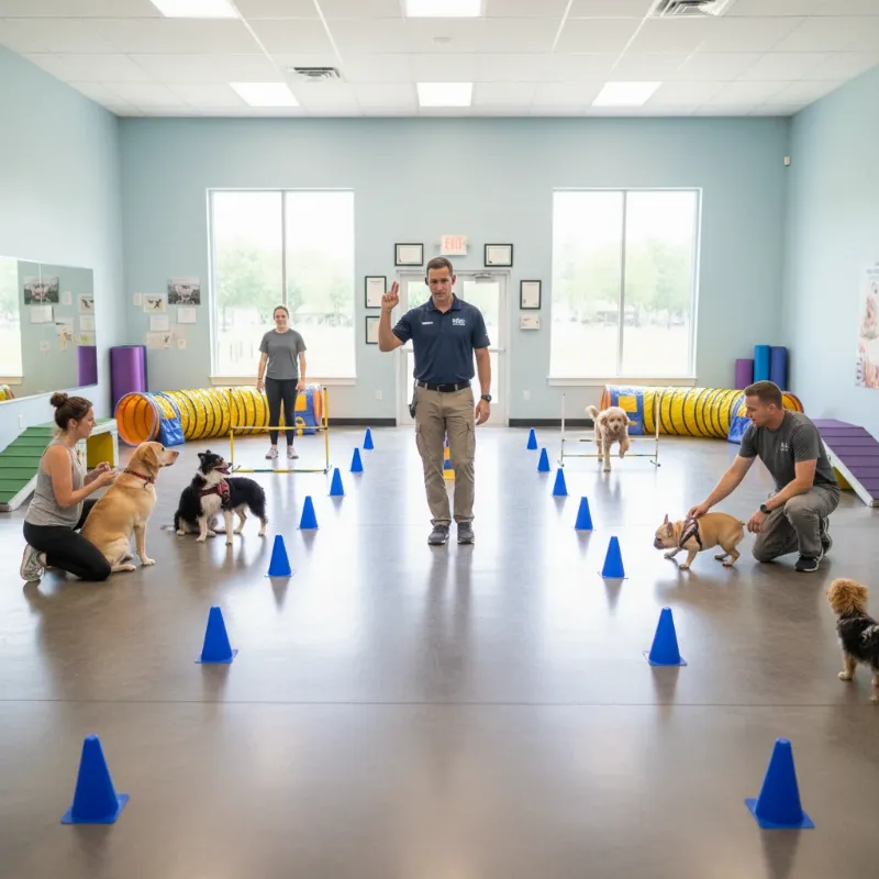 A group of diverse dogs and their owners participating in a Sit Means Sit dog training class in a facility in New Jersey.