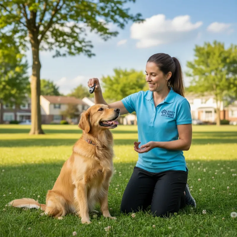 A friendly New Jersey dog trainer kneeling on a lush green lawn, offering a treat to an attentive golden retriever during a sunny outdoor training session.