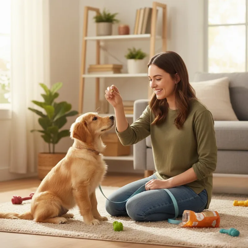 A person is patiently teaching a Labrador puppy the 'sit' command in a sunny backyard in a suburban New Jersey setting. The owner is holding a treat as a reward.