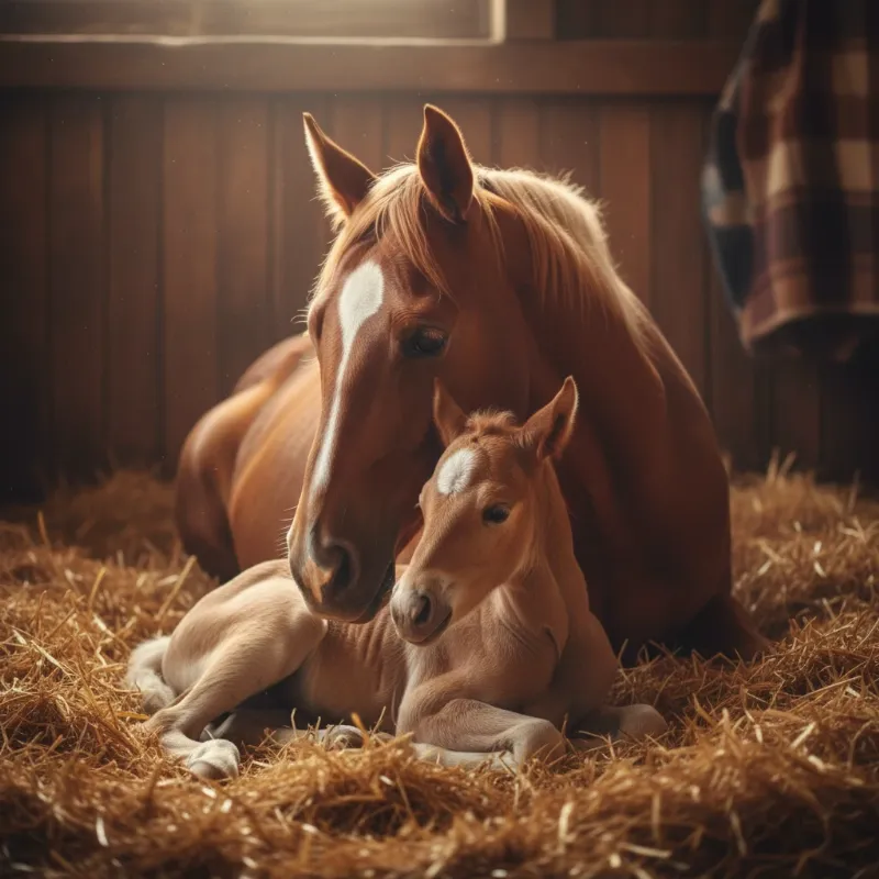 A delicate newborn foal, still wet from birth, snuggling into its mother's side in a bed of clean straw, a perfect ending to a pregnant horse story.