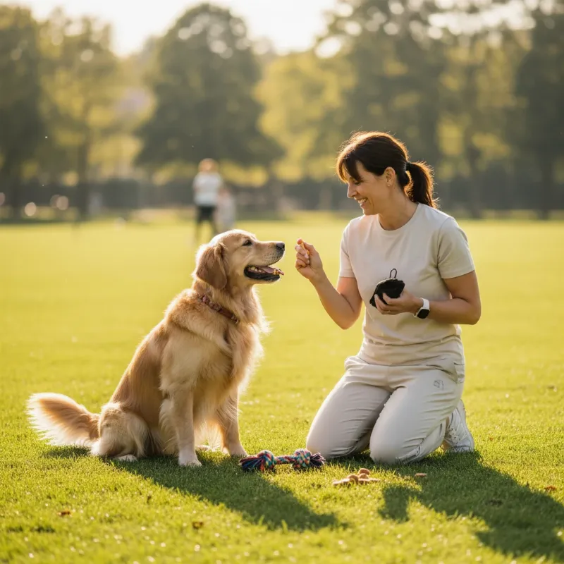 A smiling woman giving a high-value treat to a golden retriever who is sitting calmly on the grass, showcasing Nora's Dog Training method.