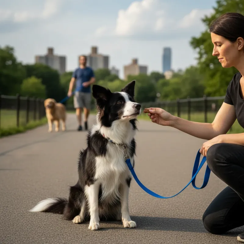 An owner in a New York City park successfully managing their reactive dog on a leash using skills from dog aggression training nyc, as another dog passes at a safe distance.