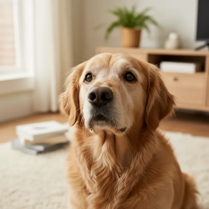 An older Golden Retriever looking up at its owner with a quizzical expression, sitting on a clean living room floor, with soft, natural light creating a gentle mood.