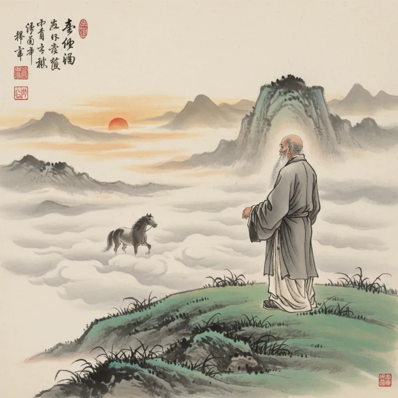 The story of the lost horse depicted with an old farmer in traditional Chinese attire looking at a lone horse on a misty hill, symbolizing perspective and fortune.