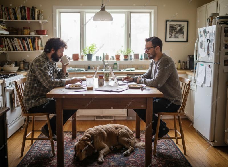 A focused individual studying dog grooming on a laptop, with a fluffy Golden Retriever sitting attentively by their side, in a bright, modern living room setting