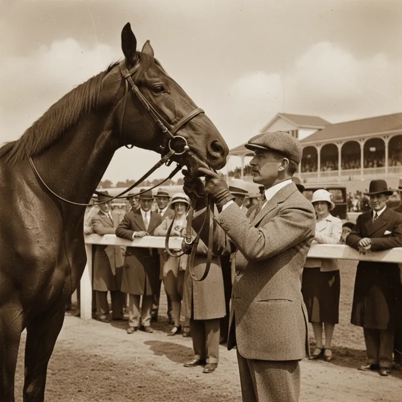 An image showing a vintage scene at a racetrack where a man is inspecting a horse's teeth closely, illustrating the old story of the horse's mouth idiom.